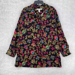 Roamans Top Womens 1X Velvet Velour Feel Thick Button Floral Blouse‎ Black Shirt